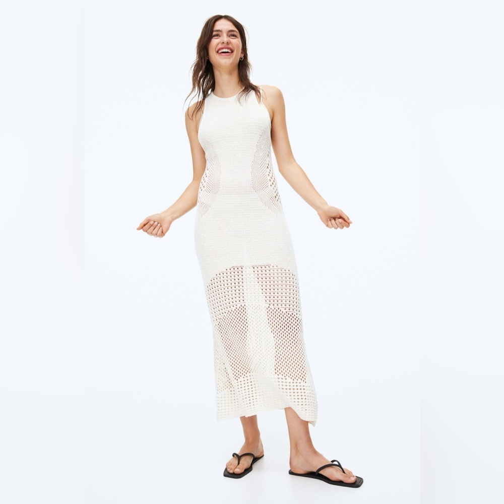 H&M cream white Crochet pointelle knit Dress / cover-up. 100% organic cotton